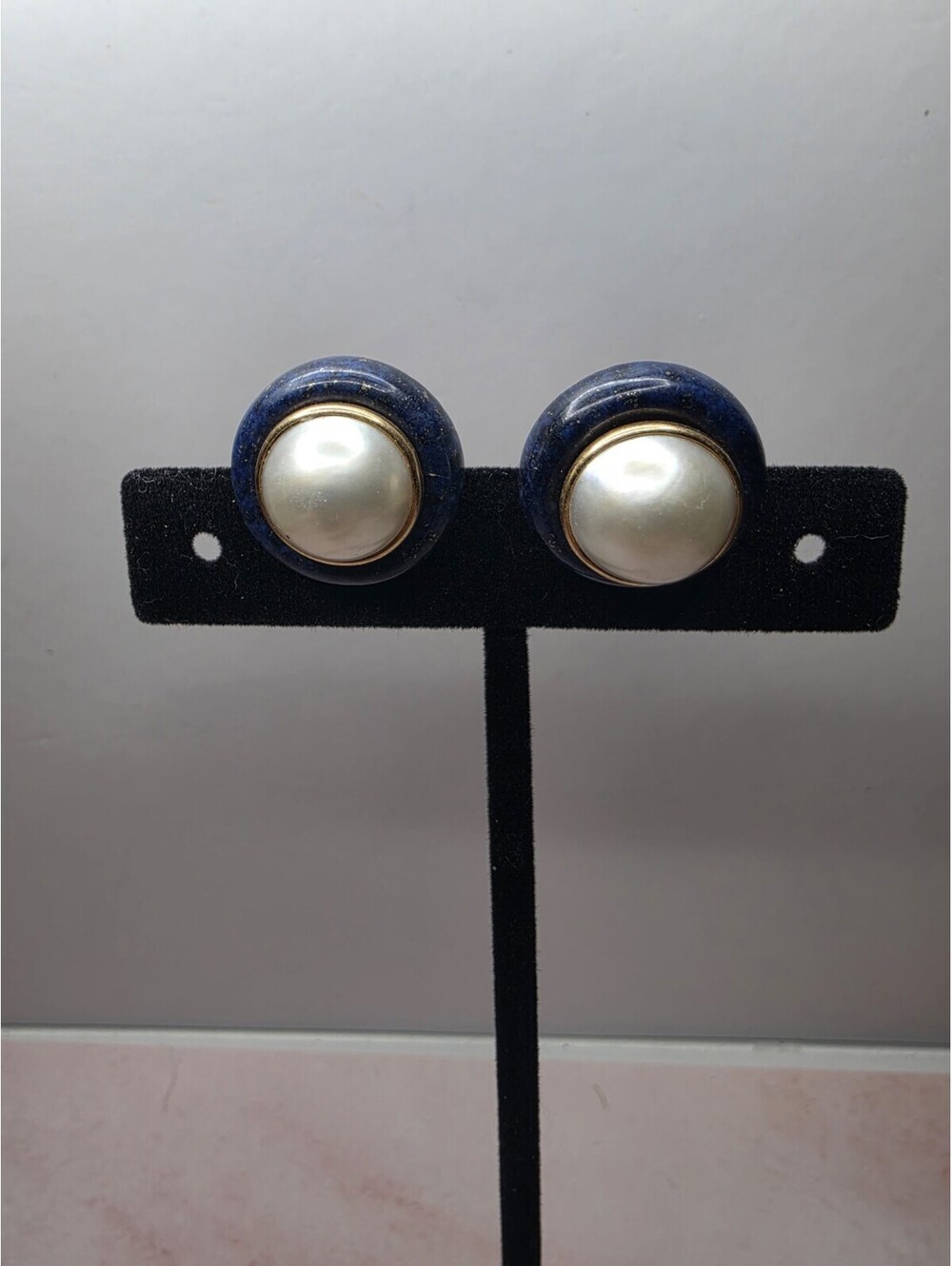 Vintage 14k Gold Lapis Lazuli Mabe Pearl Button Stud Earrings Solid 14KP 7.8g